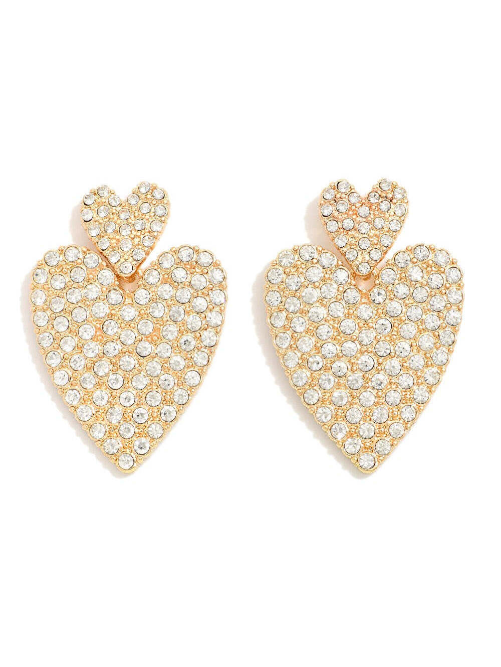 Gold Pave Crystal Double Heart Drop Earrings Rhinestone Statement Earrings